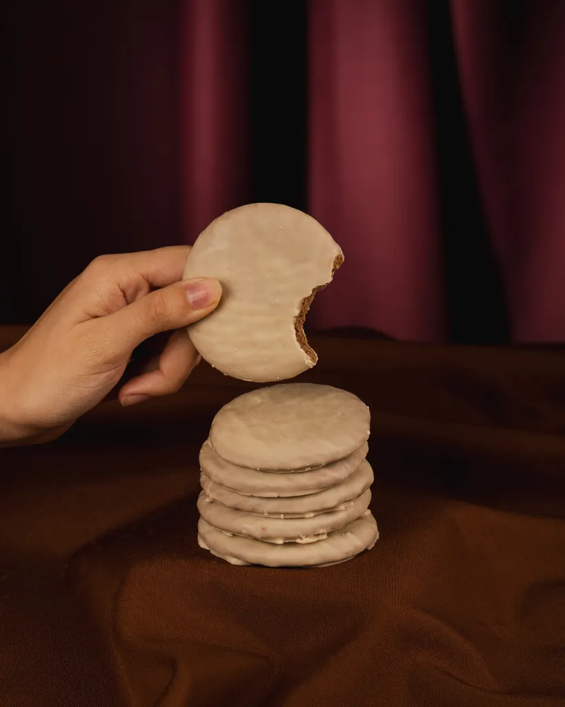 Una mano sostiene una galletita Malfatti bañada en chocolate blanco, con un mordisco, sobre una pila de galletitas iguales.