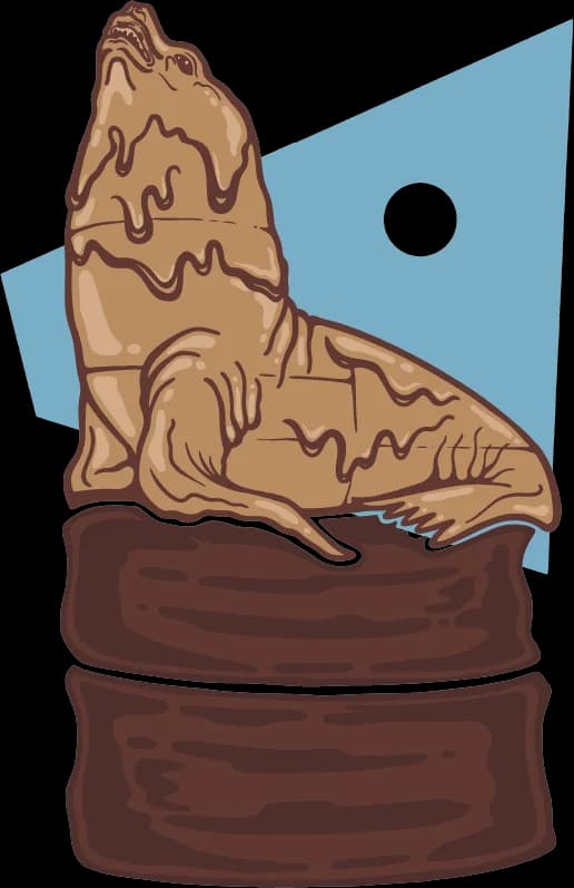 Ilustración: un lobo marino de Mar del Plata dibujado como un alfajor bañado en chocolate, sentado sobre dos galletas apiladas.